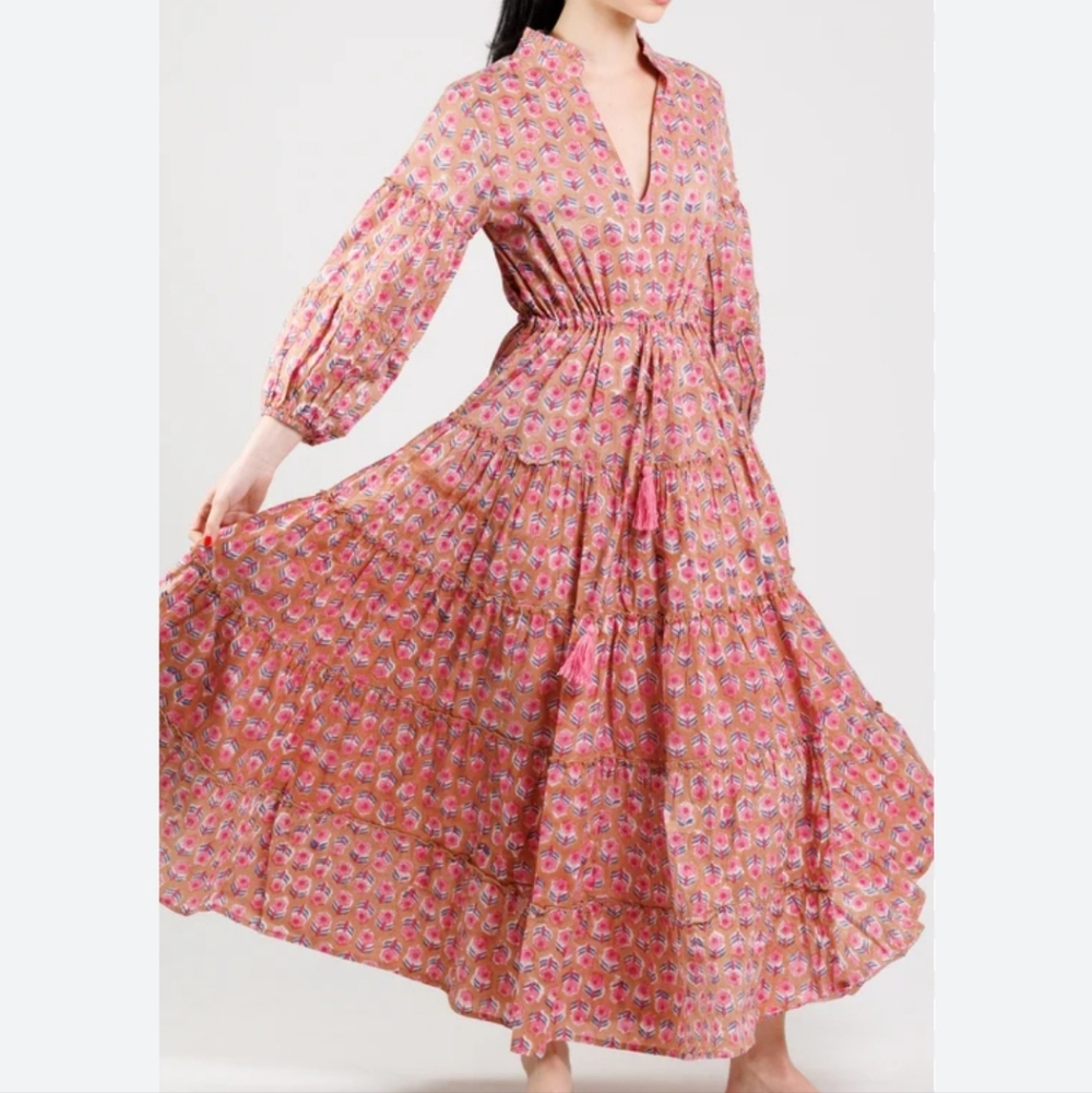 Dzubi Amala Bagru Puff Sleeve Tiered Shirt Dress Size Medium Pink & Tan Floral